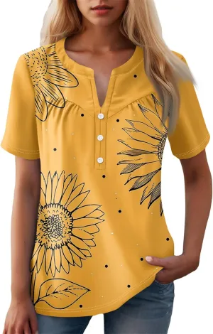 Womens Short Sleeve Henley Shirts Summer Womens Blouses Dressy Casual Pleated V Neck Curved Hem Tunic With Leggings