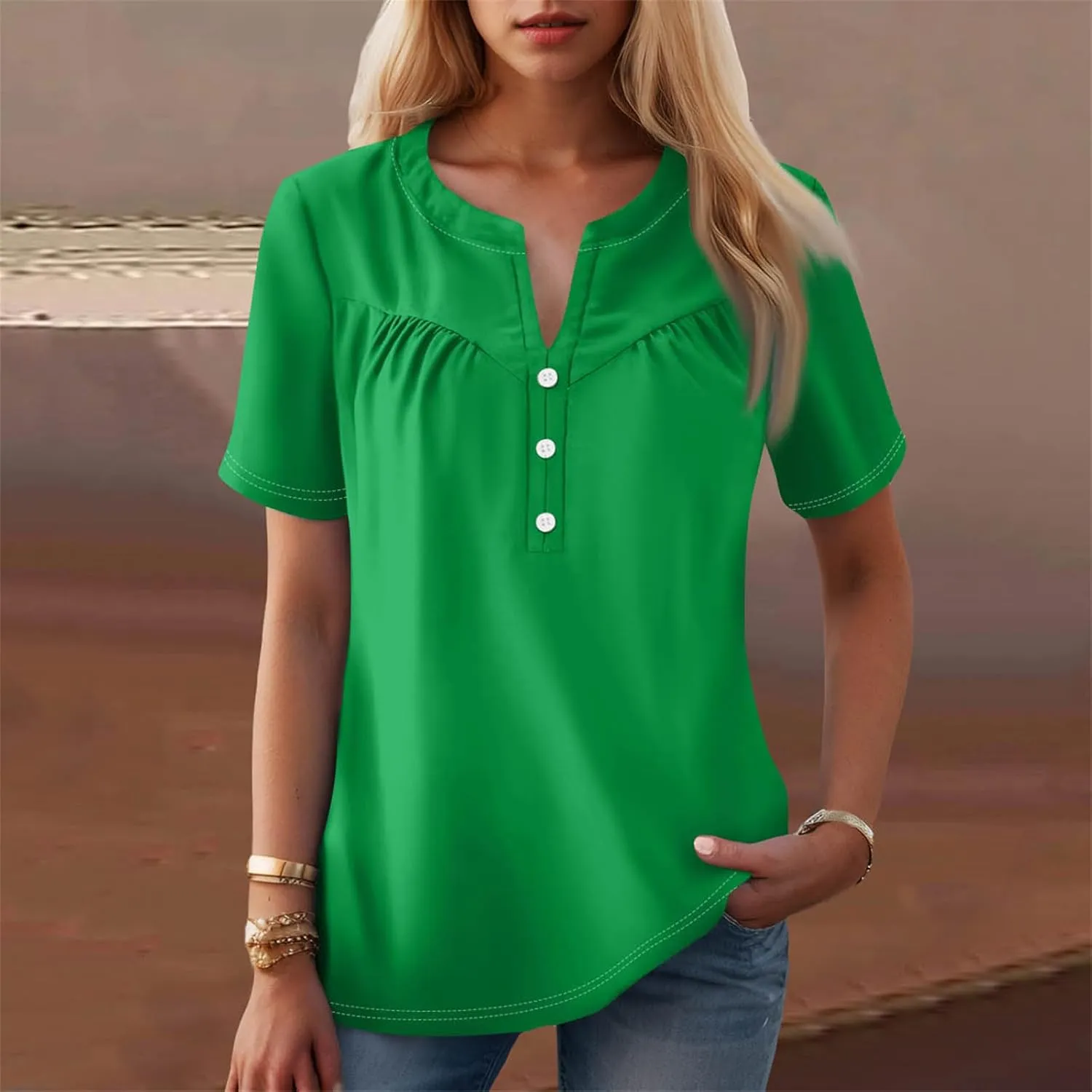 Womens Short Sleeve Henley Shirts Summer Womens Blouses Dressy Casual Pleated V Neck Curved Hem Tunic With Leggings