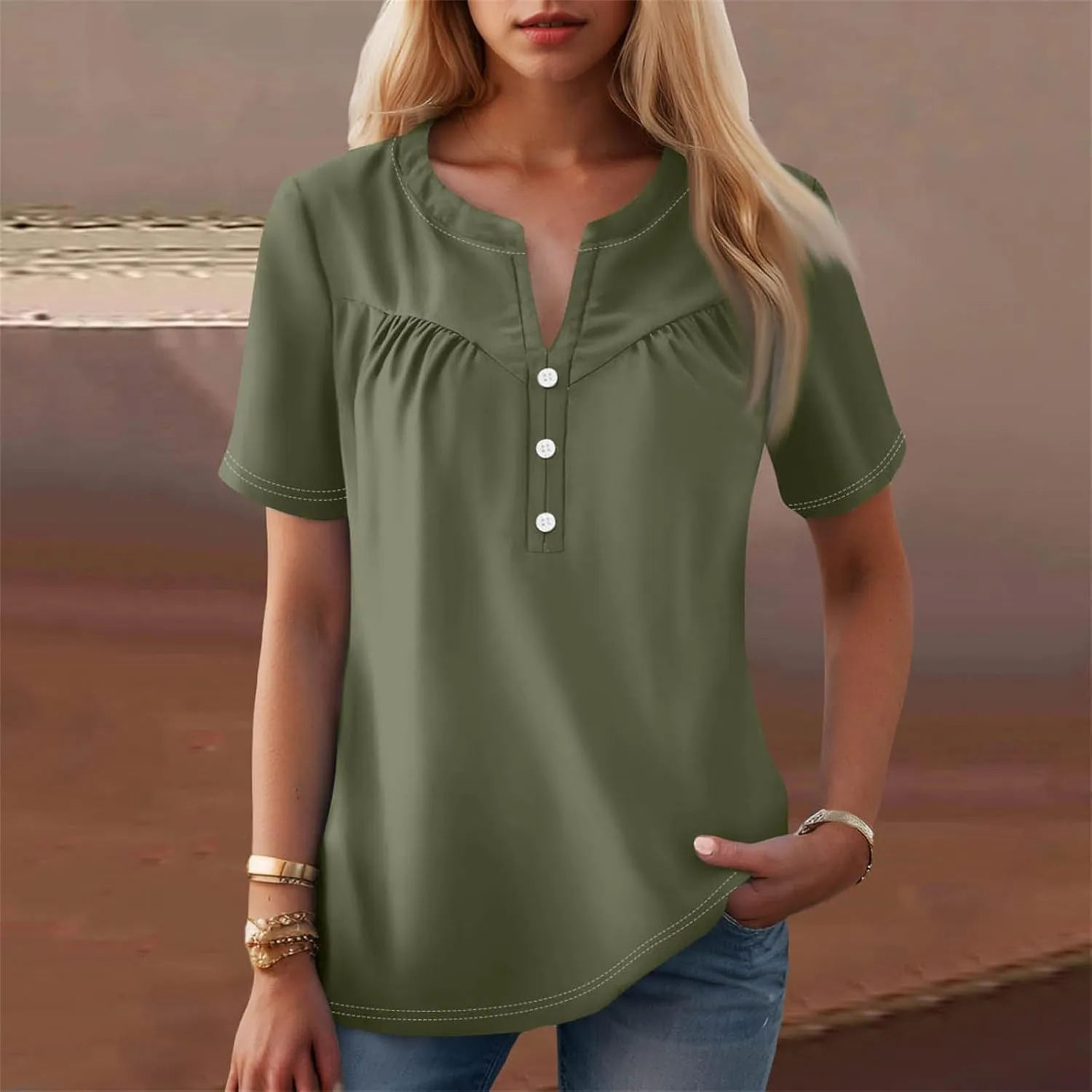 Womens Short Sleeve Henley Shirts Summer Womens Blouses Dressy Casual Pleated V Neck Curved Hem Tunic With Leggings