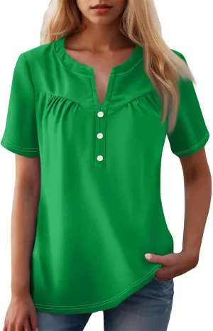 Womens Short Sleeve Henley Shirts Summer Womens Blouses Dressy Casual Pleated V Neck Curved Hem Tunic With Leggings