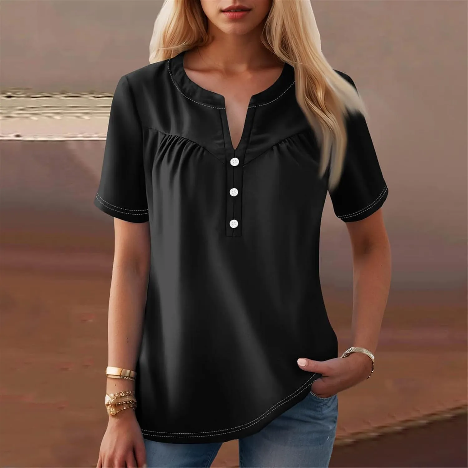 Womens Short Sleeve Henley Shirts Summer Womens Blouses Dressy Casual Pleated V Neck Curved Hem Tunic With Leggings