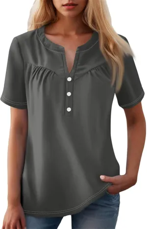 Womens Short Sleeve Henley Shirts Summer Womens Blouses Dressy Casual Pleated V Neck Curved Hem Tunic With Leggings