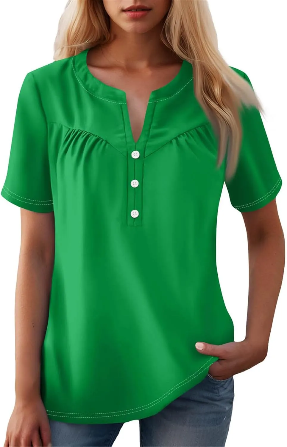Womens Short Sleeve Henley Shirts Summer Womens Blouses Dressy Casual Pleated V Neck Curved Hem Tunic With Leggings