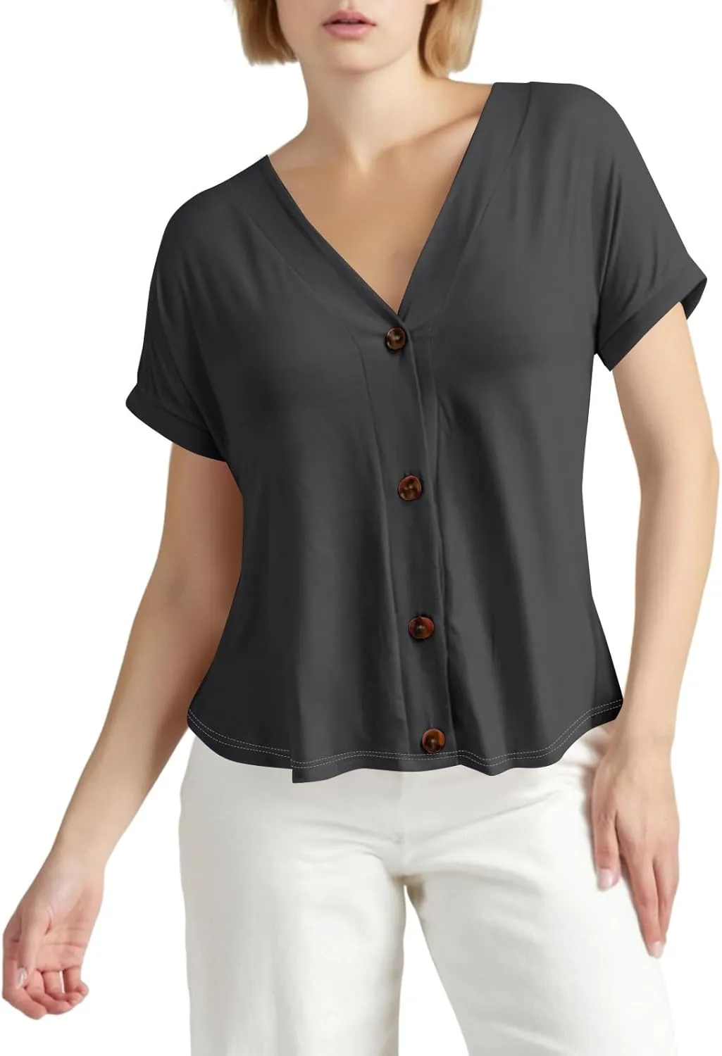Women's Short Sleeve V Neck Tops Casual Button Down Summer T Shirts Basic Ladies Tees