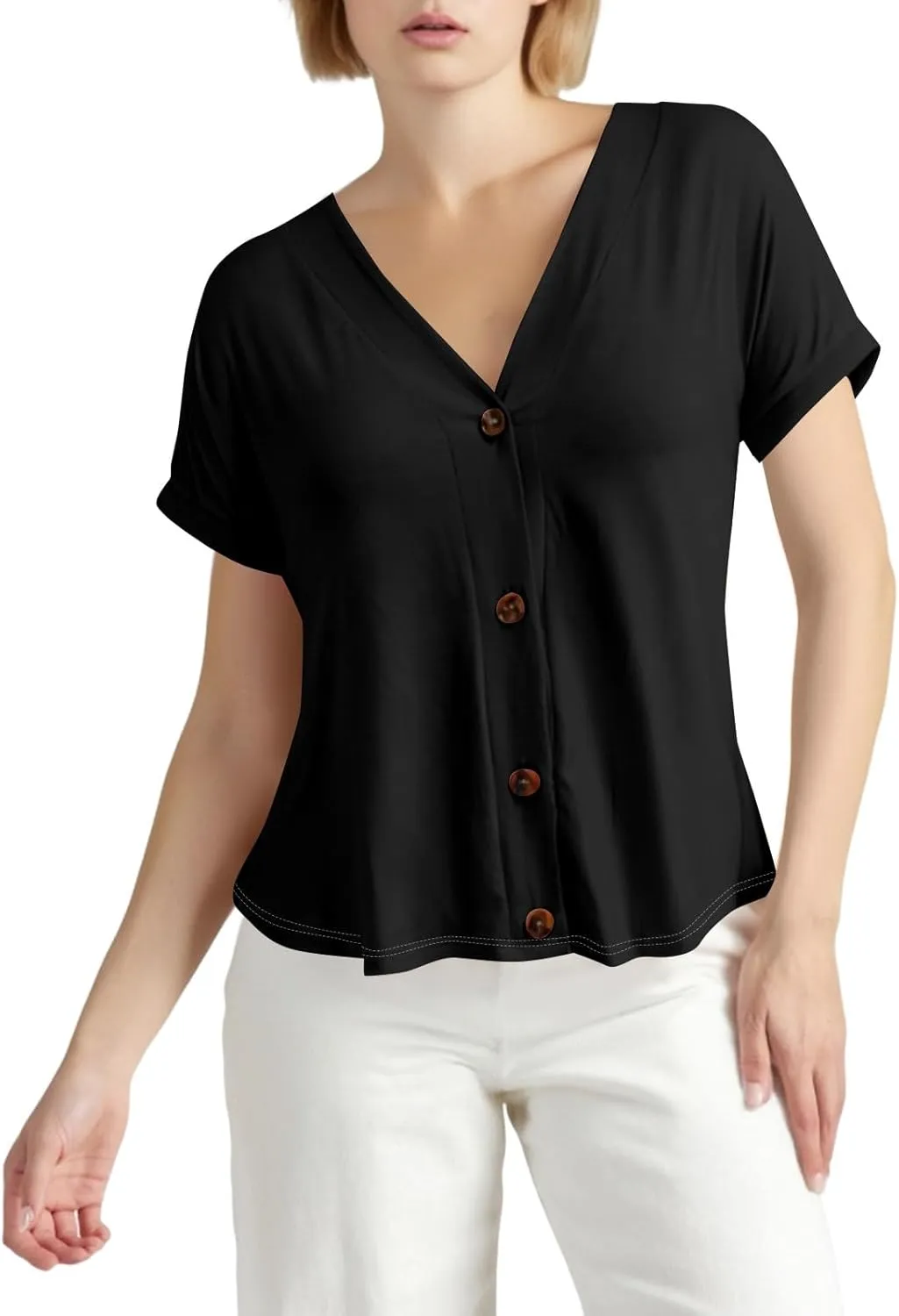Women's Short Sleeve V Neck Tops Casual Button Down Summer T Shirts Basic Ladies Tees