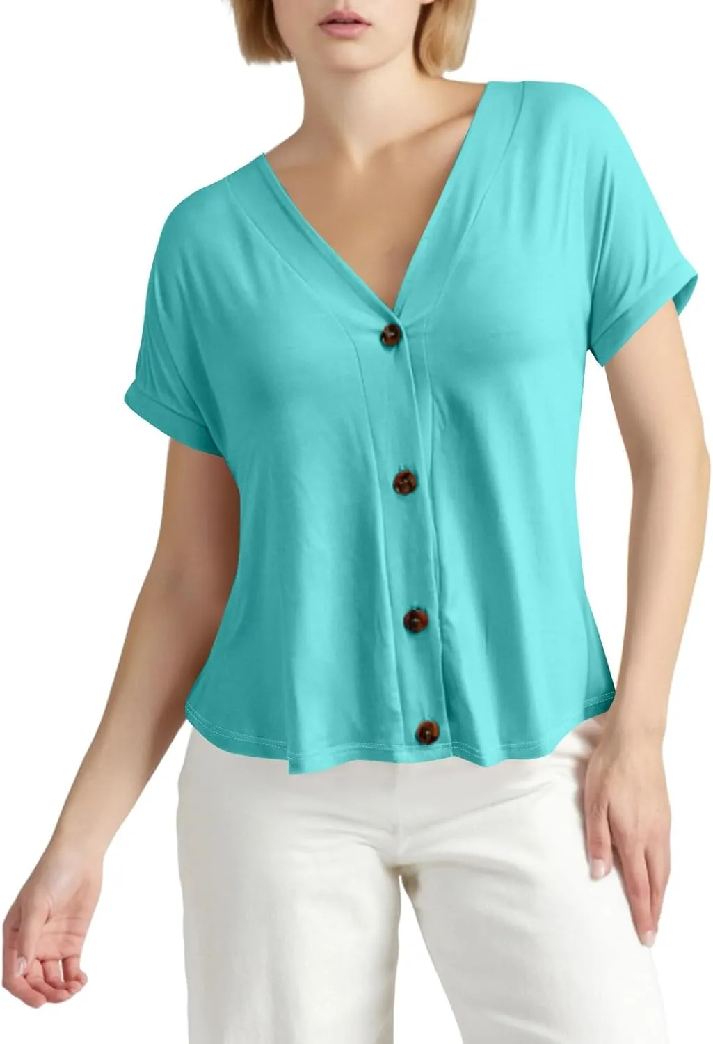 Women's Short Sleeve V Neck Tops Casual Button Down Summer T Shirts Basic Ladies Tees