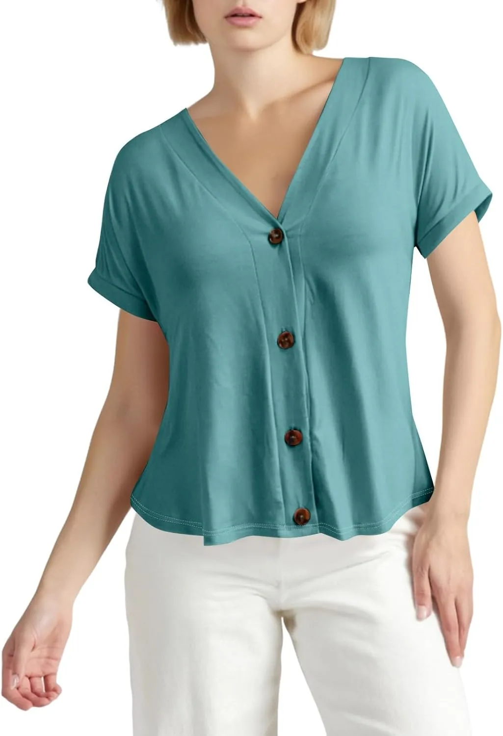 Women's Short Sleeve V Neck Tops Casual Button Down Summer T Shirts Basic Ladies Tees