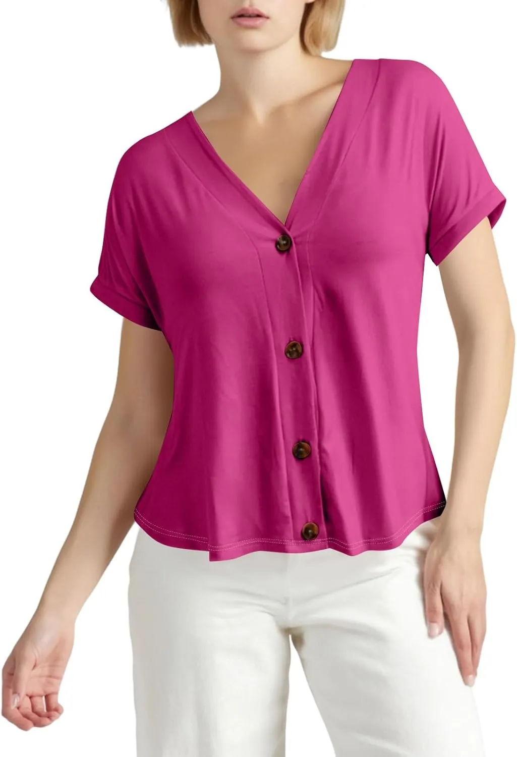 Women's Short Sleeve V Neck Tops Casual Button Down Summer T Shirts Basic Ladies Tees