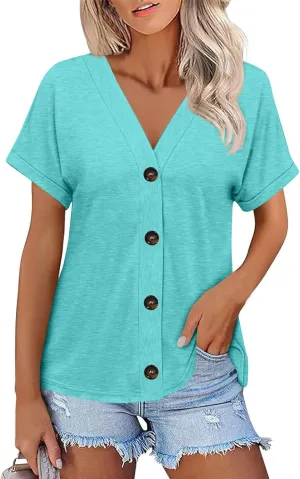 Women's Short Sleeve V Neck Tops Casual Button Down Summer T Shirts Basic Ladies Tees