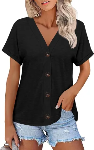 Women's Short Sleeve V Neck Tops Casual Button Down Summer T Shirts Basic Ladies Tees