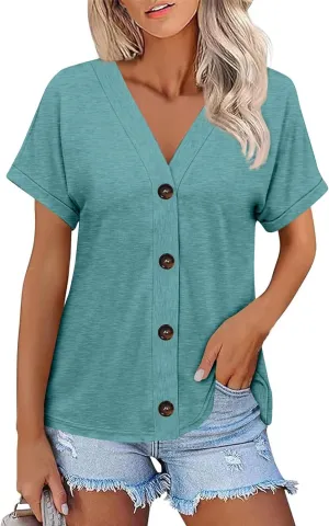 Women's Short Sleeve V Neck Tops Casual Button Down Summer T Shirts Basic Ladies Tees