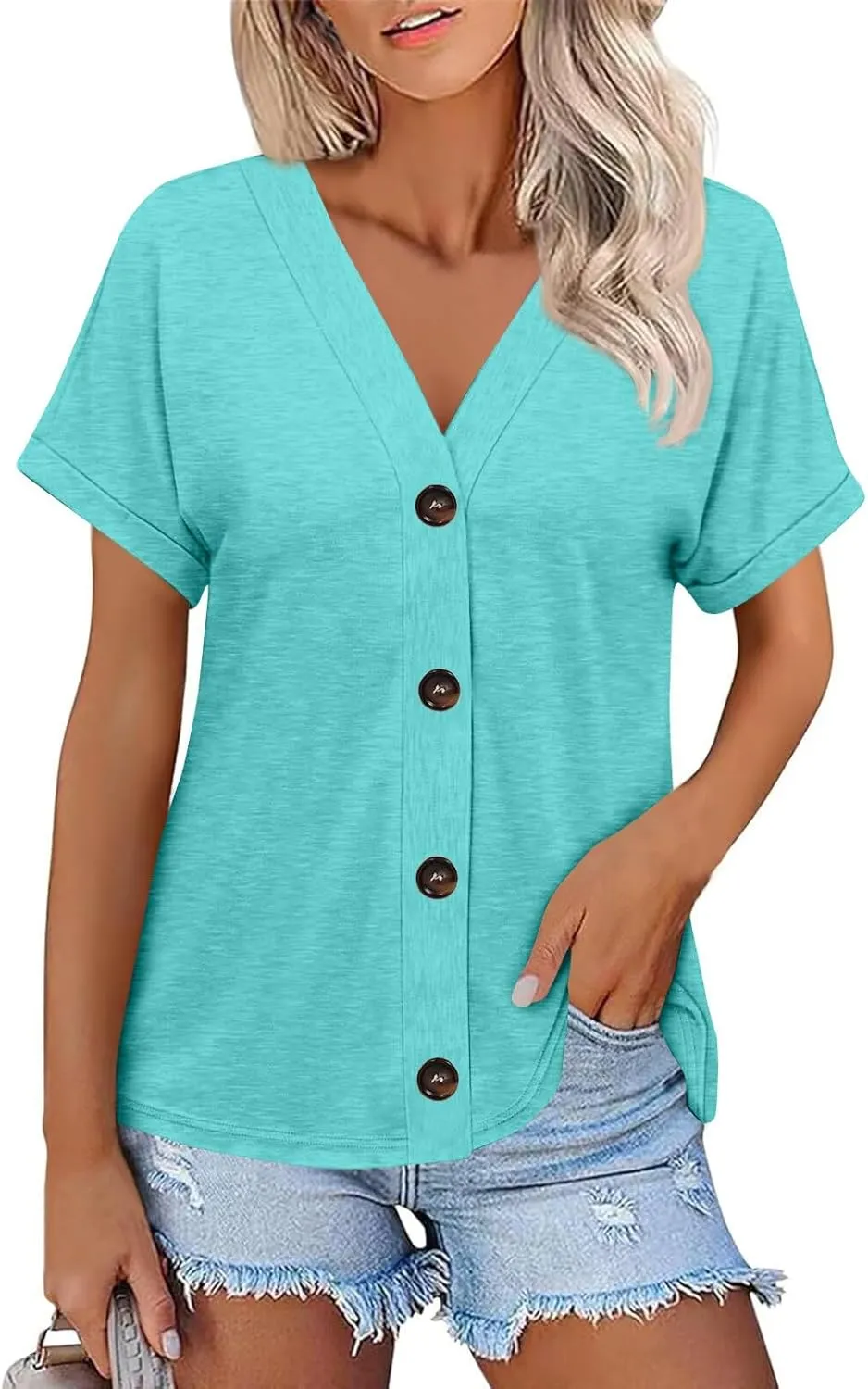 Women's Short Sleeve V Neck Tops Casual Button Down Summer T Shirts Basic Ladies Tees