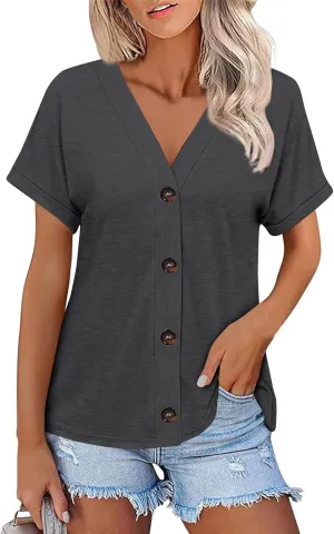 Women's Short Sleeve V Neck Tops Casual Button Down Summer T Shirts Basic Ladies Tees