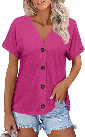 Women's Short Sleeve V Neck Tops Casual Button Down Summer T Shirts Basic Ladies Tees