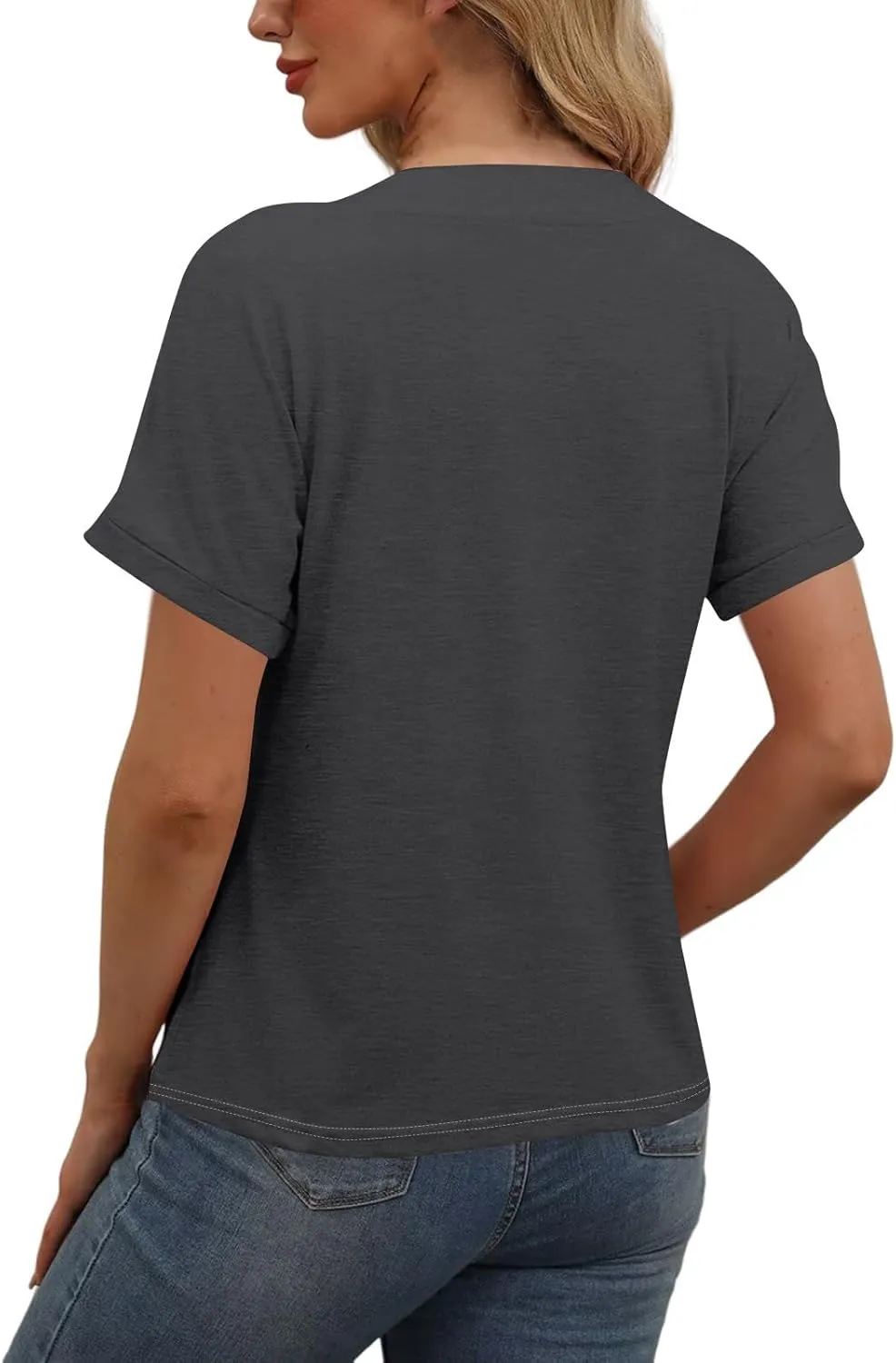 Women's Short Sleeve V Neck Tops Casual Button Down Summer T Shirts Basic Ladies Tees