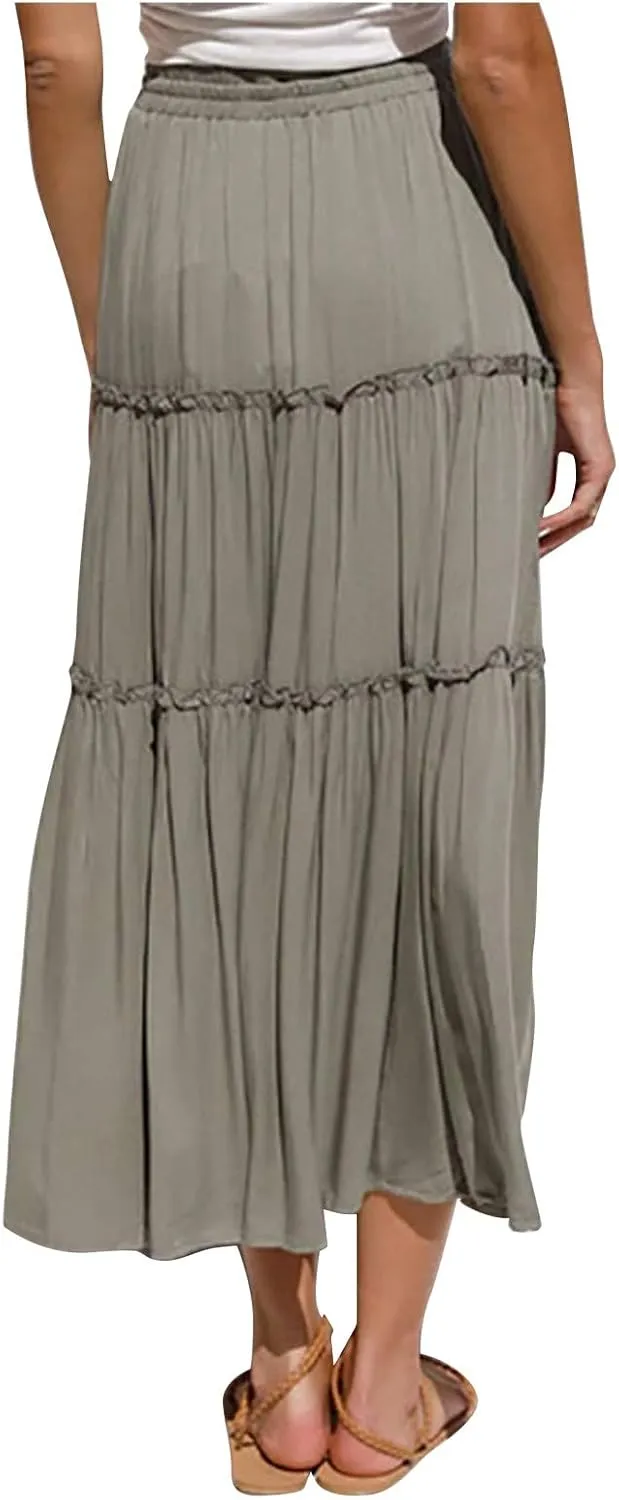Womens Skirt Boho Dress Bohemian Drawstring Pleated Ruffle Hem Maxi Long Skirts for Women Summer midi Beach Dress