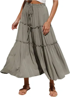 Womens Skirt Boho Dress Bohemian Drawstring Pleated Ruffle Hem Maxi Long Skirts for Women Summer midi Beach Dress