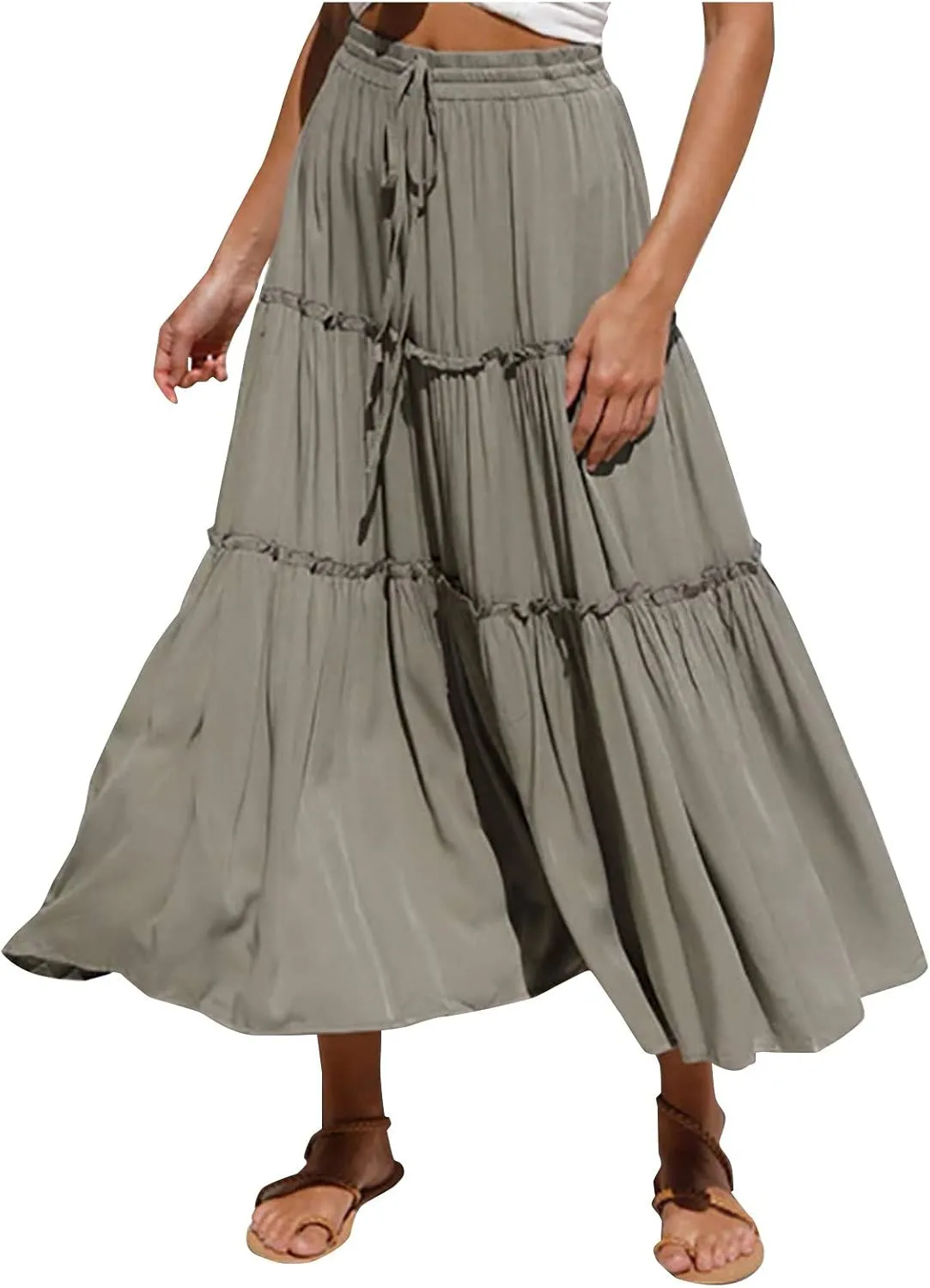 Womens Skirt Boho Dress Bohemian Drawstring Pleated Ruffle Hem Maxi Long Skirts for Women Summer midi Beach Dress