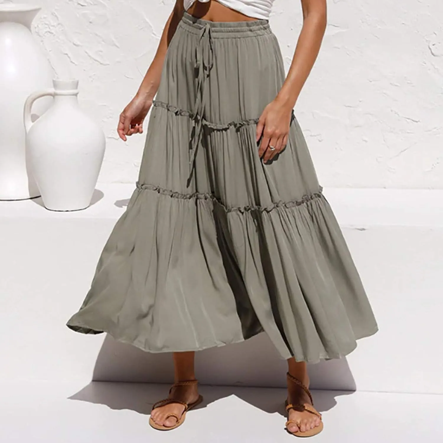 Womens Skirt Boho Dress Bohemian Drawstring Pleated Ruffle Hem Maxi Long Skirts for Women Summer midi Beach Dress