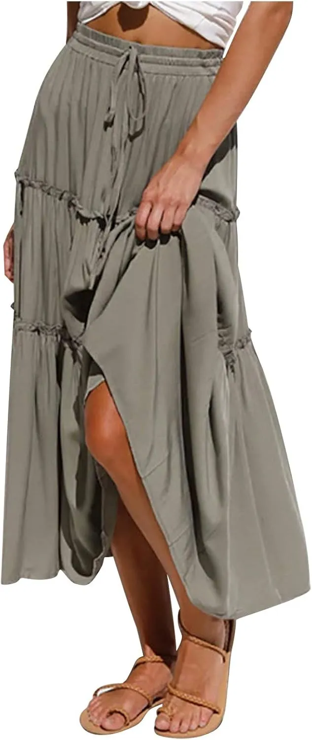 Womens Skirt Boho Dress Bohemian Drawstring Pleated Ruffle Hem Maxi Long Skirts for Women Summer midi Beach Dress