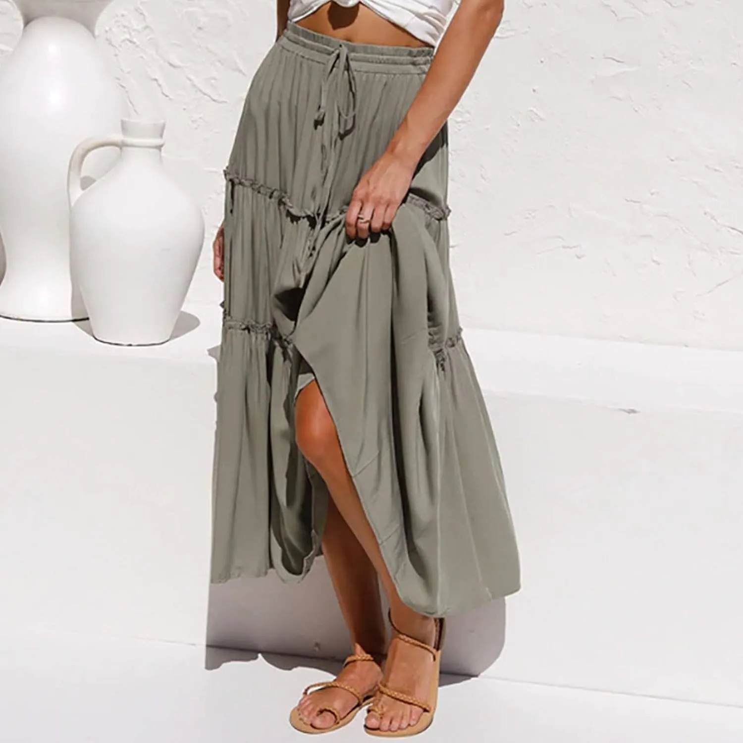 Womens Skirt Boho Dress Bohemian Drawstring Pleated Ruffle Hem Maxi Long Skirts for Women Summer midi Beach Dress