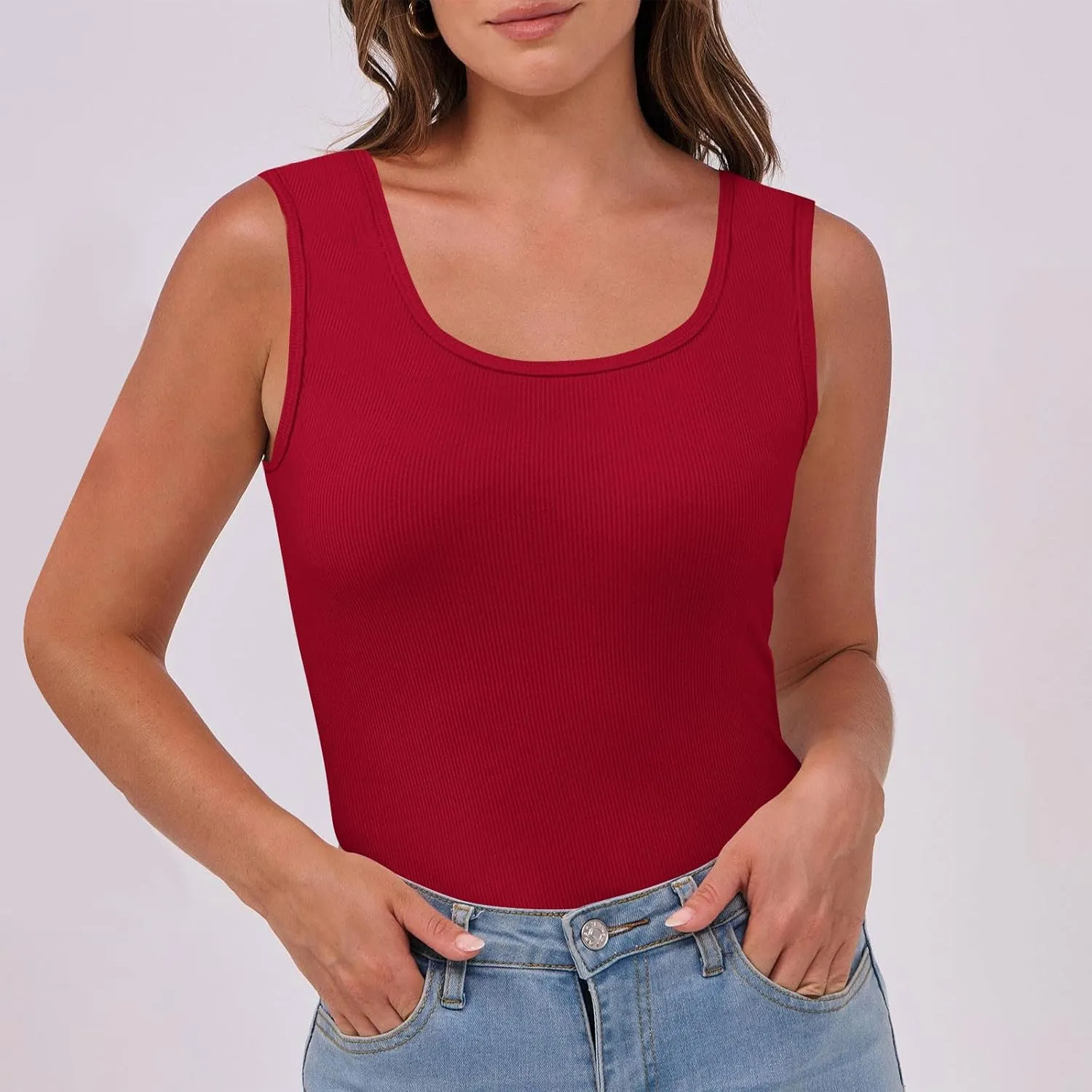 Womens Sleeveless Scoop Neck Tank Top Ribbed Fitted Summer Basic Slim Cute Workout Tops 2025 Going Out Outfits