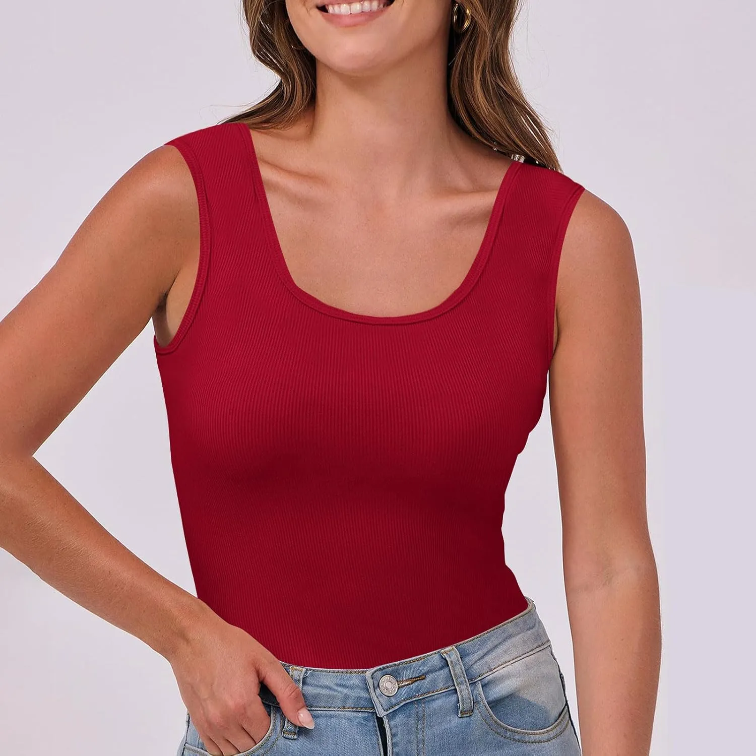 Womens Sleeveless Scoop Neck Tank Top Ribbed Fitted Summer Basic Slim Cute Workout Tops 2025 Going Out Outfits