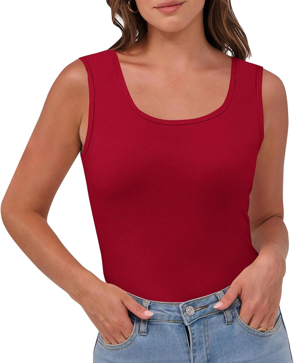 Womens Sleeveless Scoop Neck Tank Top Ribbed Fitted Summer Basic Slim Cute Workout Tops 2025 Going Out Outfits
