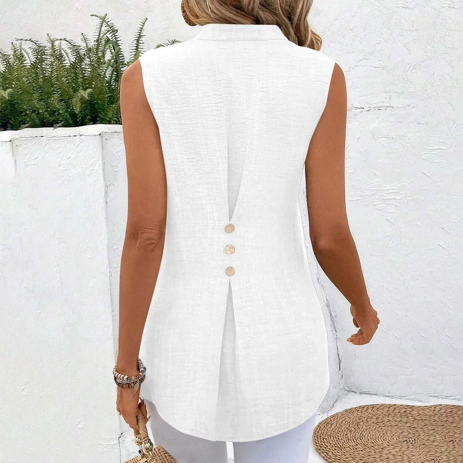 Womens Sleeveless Tops Cotton Linen Loose Fit V-Neck Tank Tops Vintage Country Basic Vacation Blouses