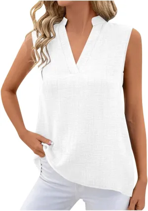 Womens Sleeveless Tops Cotton Linen Loose Fit V-Neck Tank Tops Vintage Country Basic Vacation Blouses