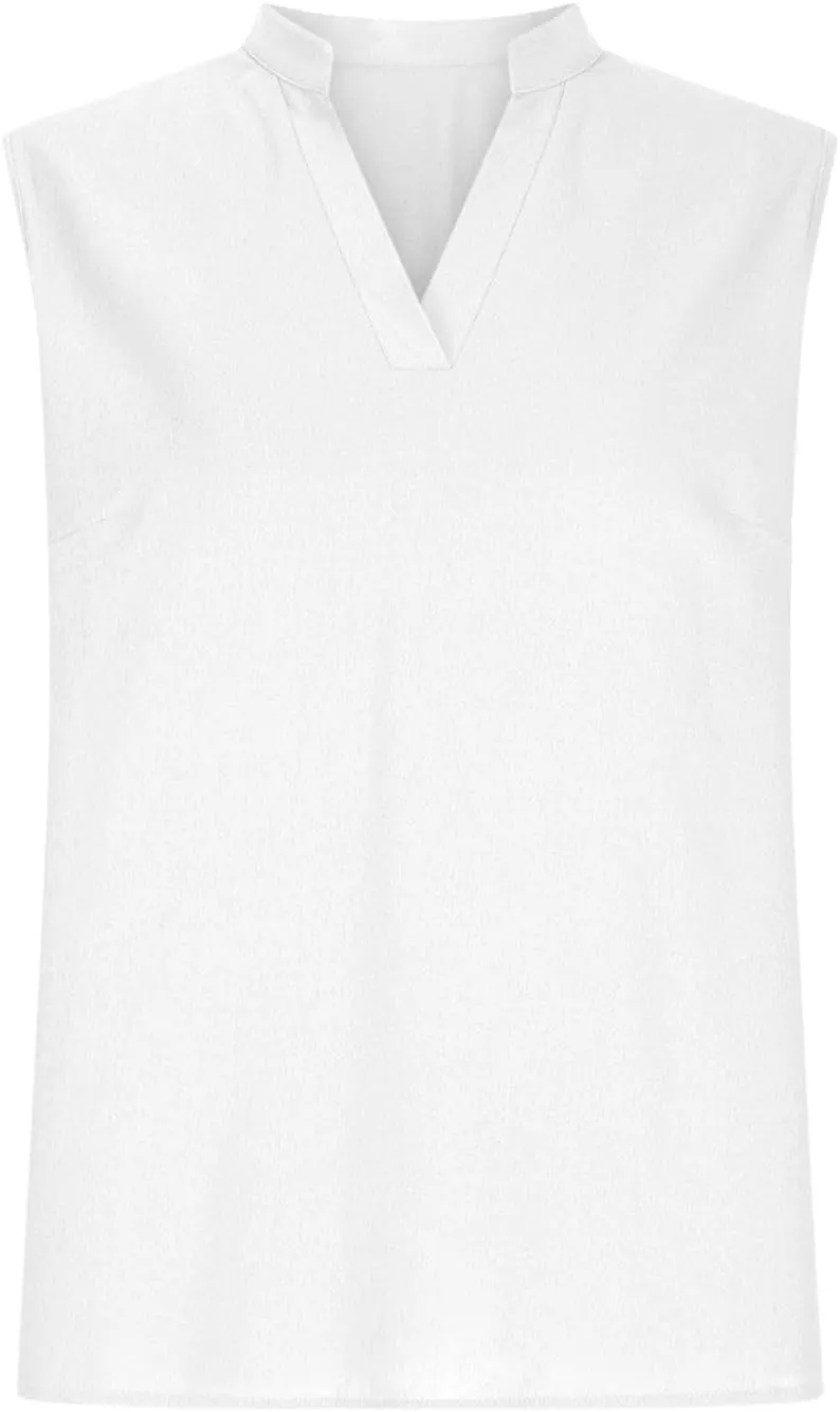 Womens Sleeveless Tops Cotton Linen Loose Fit V-Neck Tank Tops Vintage Country Basic Vacation Blouses