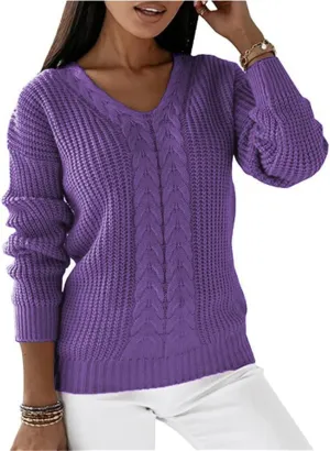 Women's Solid Knit Cable Sweater Casual Lantern Long Sleeve Pullover Tops Crew Neck Knitted Tops Casual Blouses
