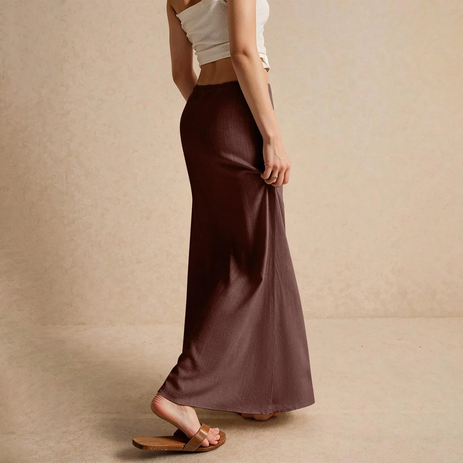 Womens Spring Skirts 2025 Drawstring Waist Boho Maxi Slim Low Rise Cotton Linen A Line Cute Flowy Spring Midi Skirt