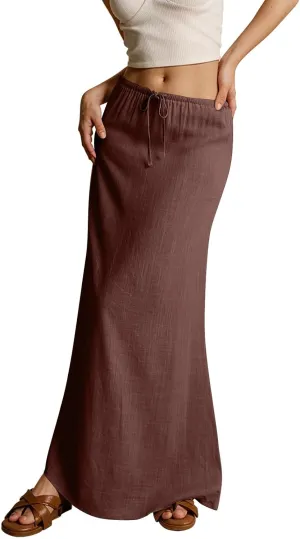 Womens Spring Skirts 2025 Drawstring Waist Boho Maxi Slim Low Rise Cotton Linen A Line Cute Flowy Spring Midi Skirt