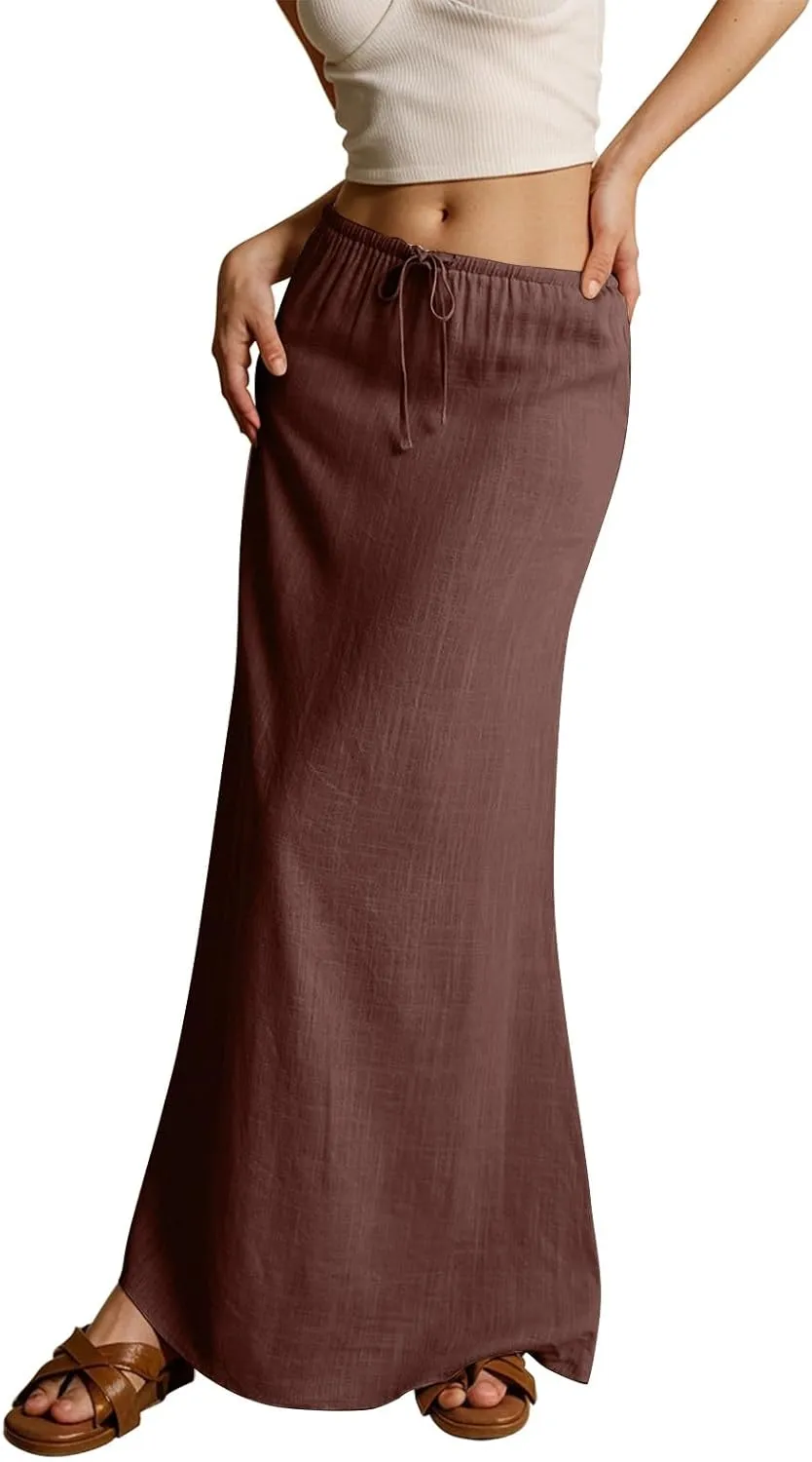 Womens Spring Skirts 2025 Drawstring Waist Boho Maxi Slim Low Rise Cotton Linen A Line Cute Flowy Spring Midi Skirt