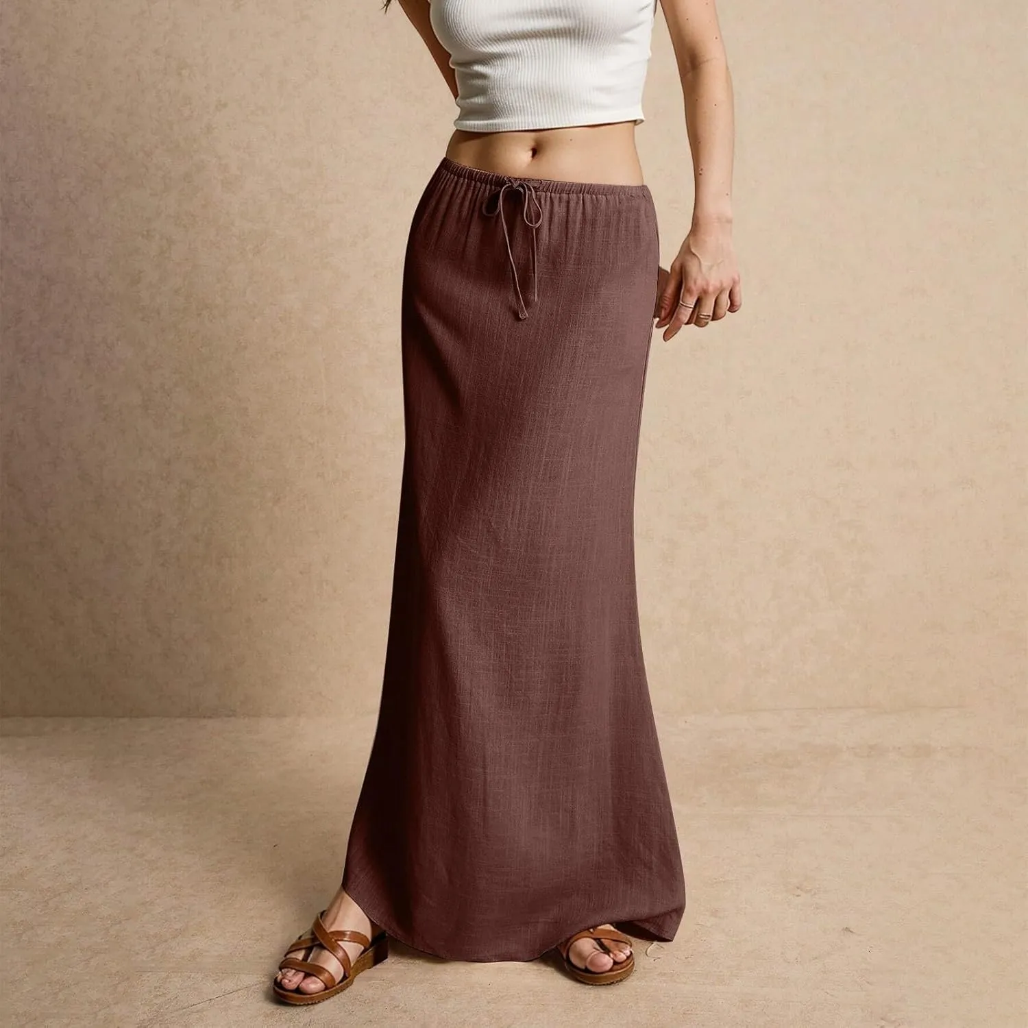 Womens Spring Skirts 2025 Drawstring Waist Boho Maxi Slim Low Rise Cotton Linen A Line Cute Flowy Spring Midi Skirt