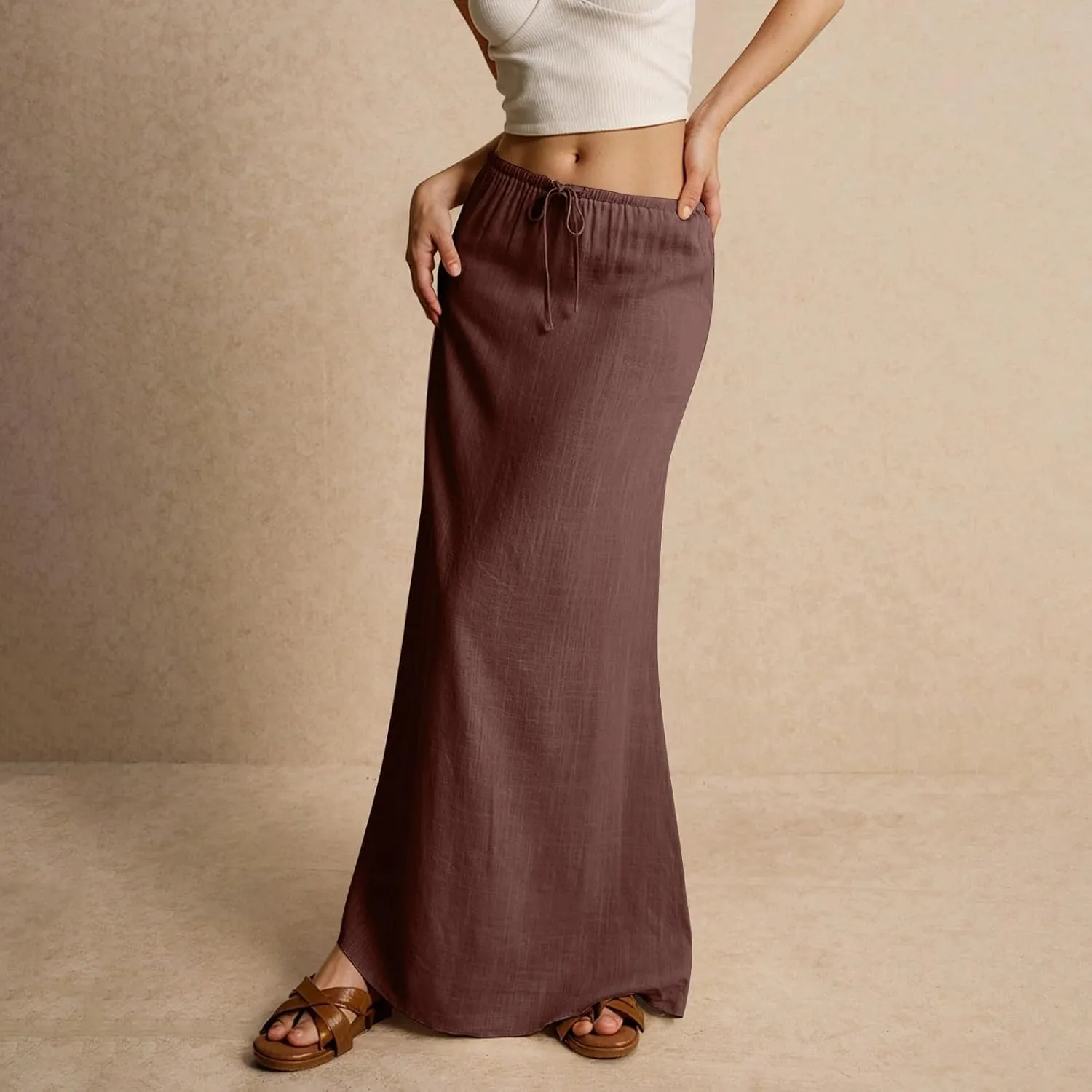 Womens Spring Skirts 2025 Drawstring Waist Boho Maxi Slim Low Rise Cotton Linen A Line Cute Flowy Spring Midi Skirt