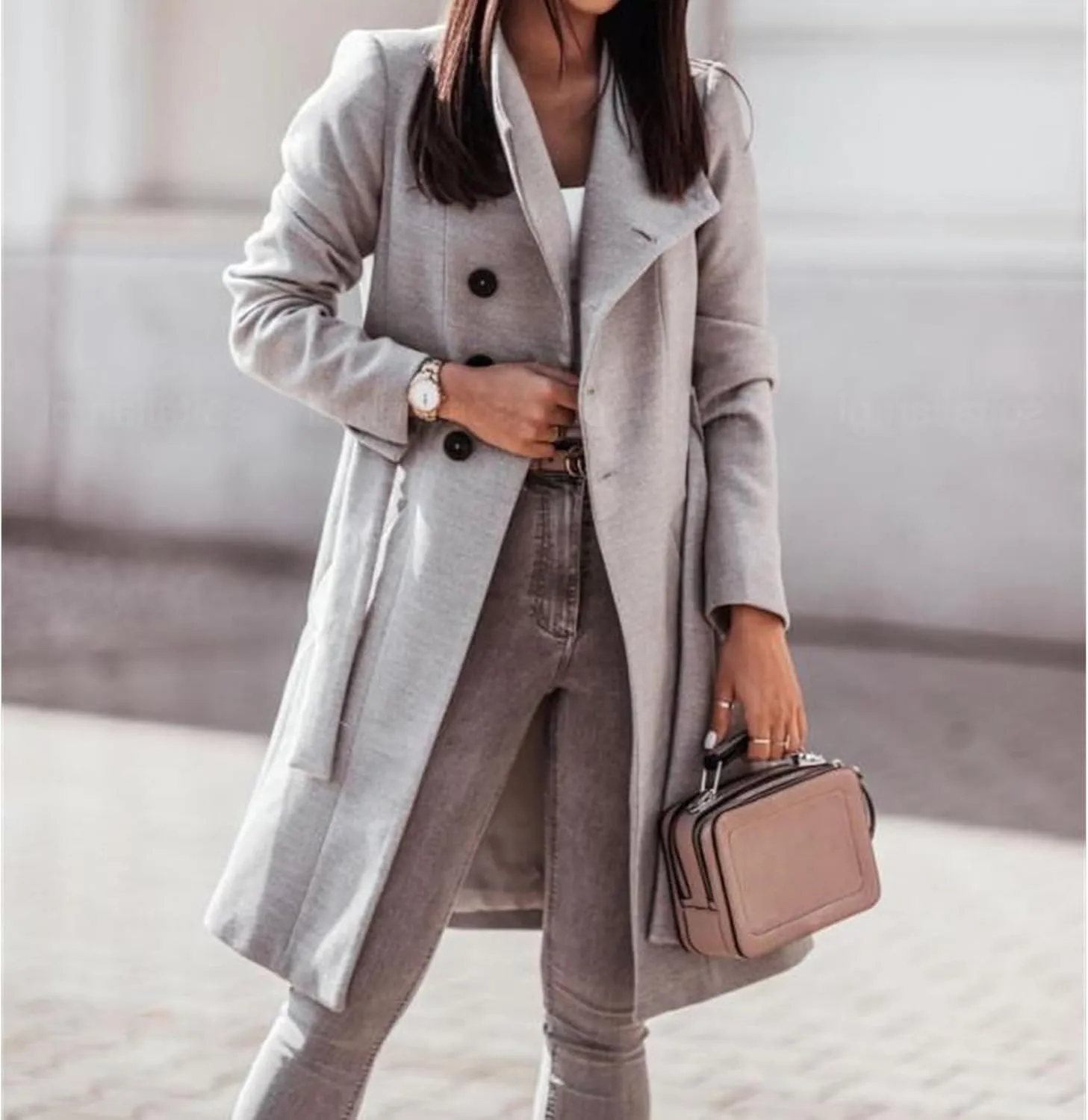 Women's Stand Collar Mid-Long Wool Blend Coat Single Breasted Fall Trendy Trench Coat Dressy Casual Outwear with Belt