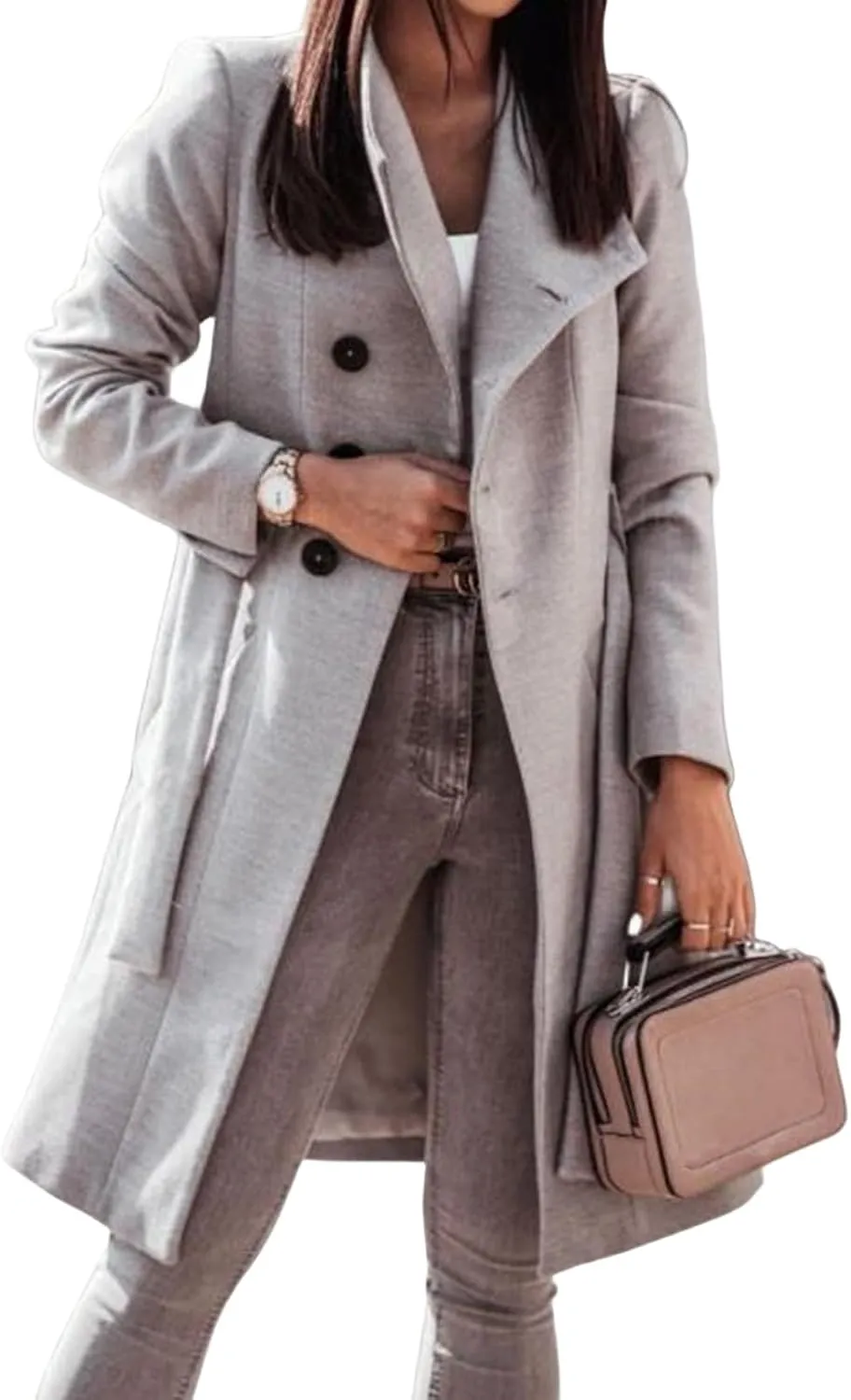 Women's Stand Collar Mid-Long Wool Blend Coat Single Breasted Fall Trendy Trench Coat Dressy Casual Outwear with Belt