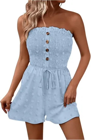 Womens Strapless Smock Rompers Off Shoulder Swiss Dot Tube Top Summer Short Jumpsuit Beach Vacation Clothes