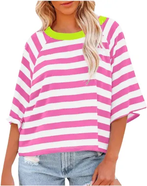 Womens Striped T Shirts Oversized Crewneck 3/4 Sleeve Tops Spring Casual Blouse Color Block Basic Sports Tees Blouses