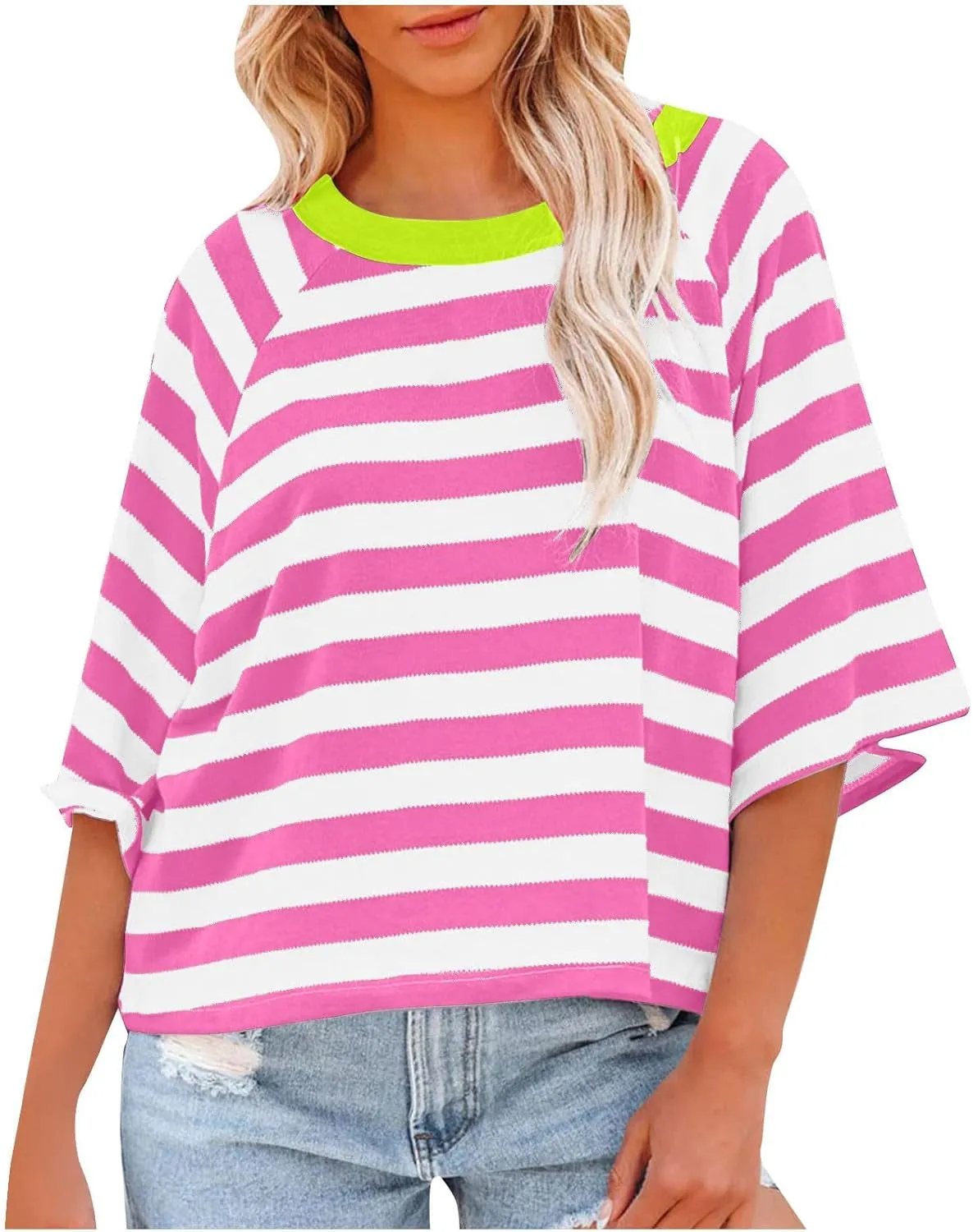 Womens Striped T Shirts Oversized Crewneck 3/4 Sleeve Tops Spring Casual Blouse Color Block Basic Sports Tees Blouses