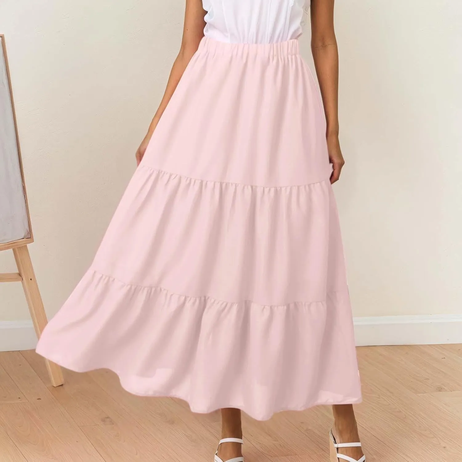 Womens Summer Boho Flowy Swing Tiered A-Line Maxi Skirt 2025 Fashion Trendy Elastic Waist Pleated Long Beach Dress