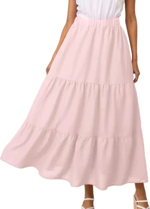 Womens Summer Boho Flowy Swing Tiered A-Line Maxi Skirt 2025 Fashion Trendy Elastic Waist Pleated Long Beach Dress