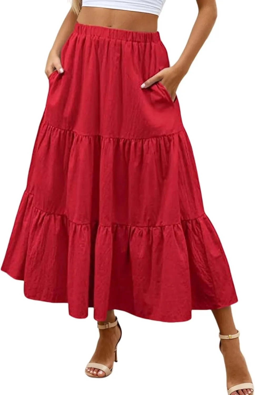 Womens Summer Boho Flowy Swing Tiered A-Line Maxi Skirt 2025 Fashion Trendy Elastic Waist Pleated Long Beach Dress