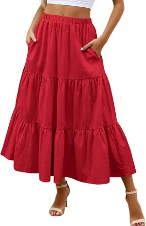 Womens Summer Boho Flowy Swing Tiered A-Line Maxi Skirt 2025 Fashion Trendy Elastic Waist Pleated Long Beach Dress