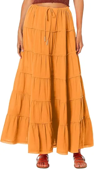 Women's Summer Boho Maxi Skirts A-Line Flowy Ruffle Tiered Casual Skirt Elastic High Waist Beach Long Skorts Dress