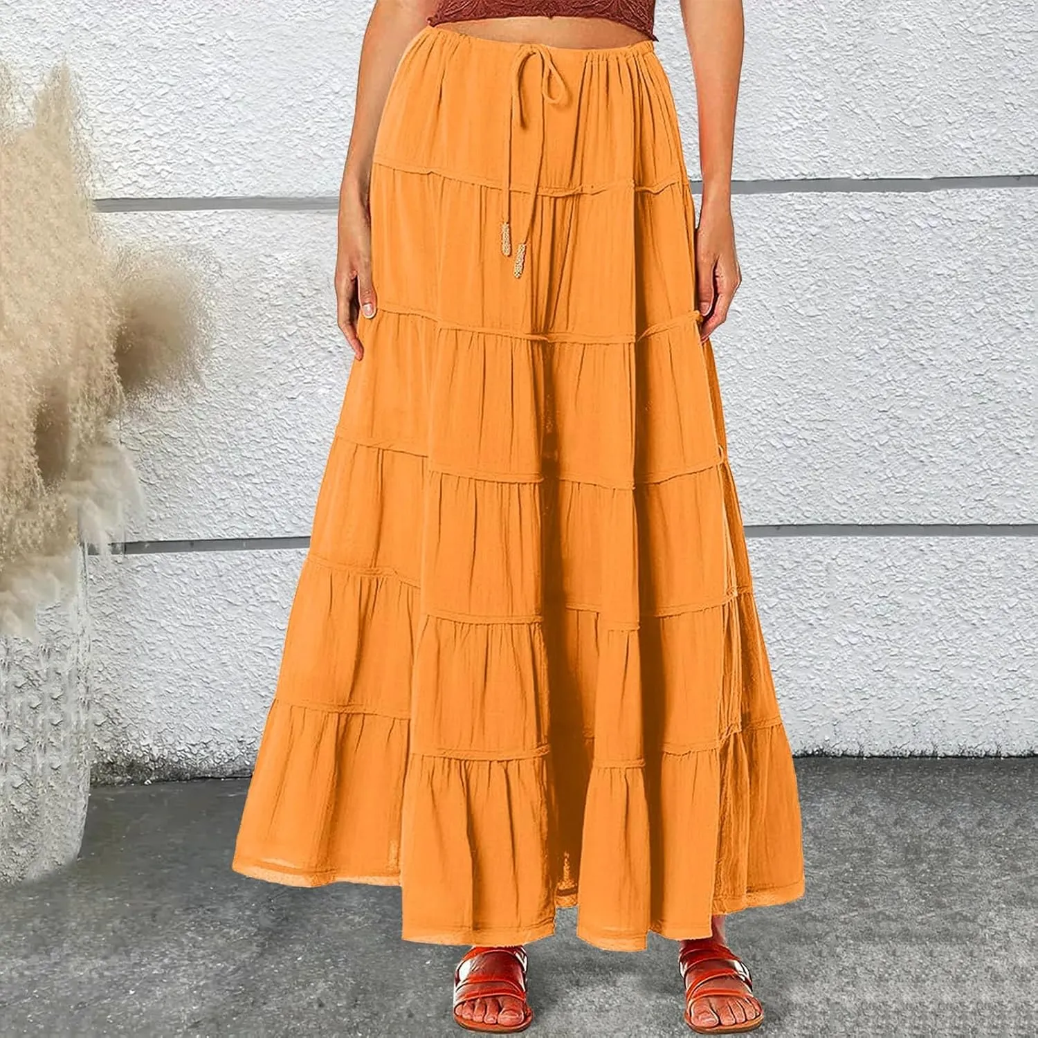 Women's Summer Boho Maxi Skirts A-Line Flowy Ruffle Tiered Casual Skirt Elastic High Waist Beach Long Skorts Dress