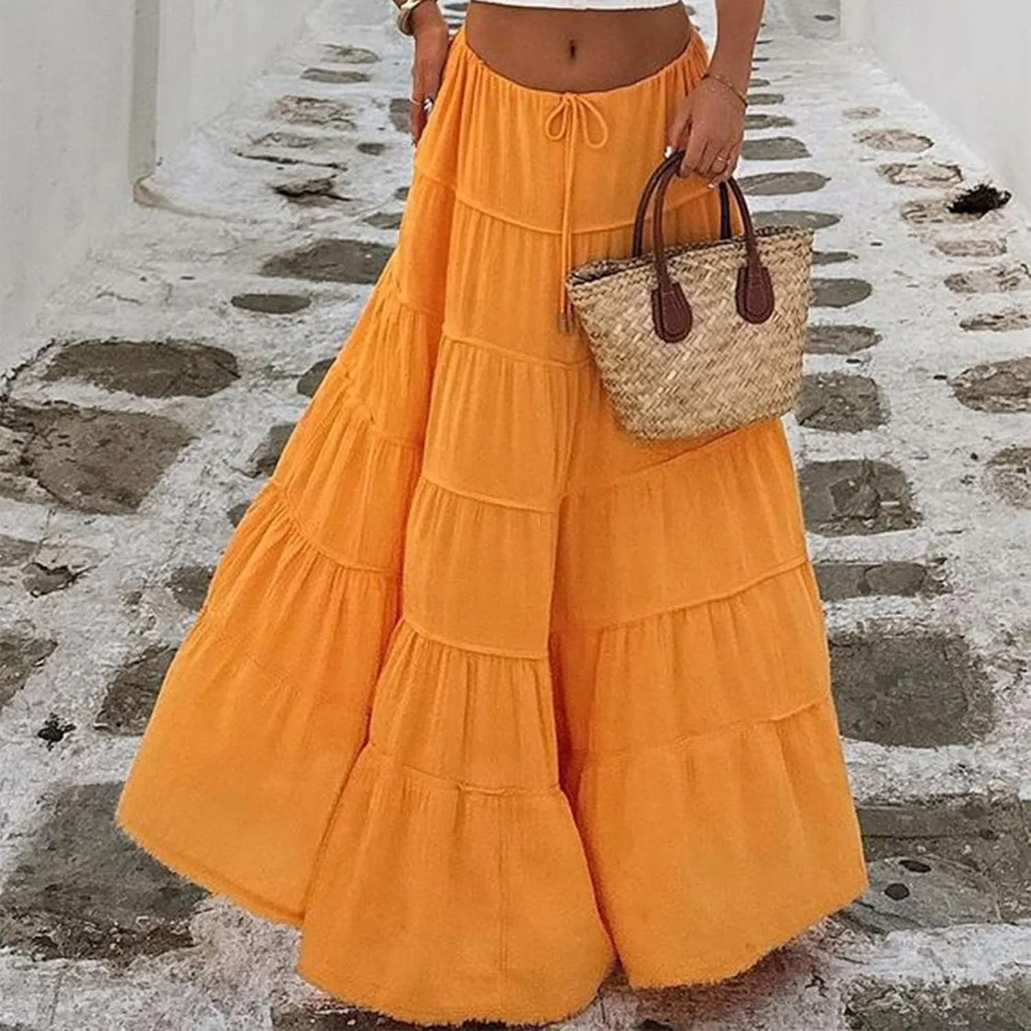 Women's Summer Boho Maxi Skirts A-Line Flowy Ruffle Tiered Casual Skirt Elastic High Waist Beach Long Skorts Dress