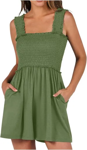 Women's Summer Casual Smocked Rompers Square Neck Sleeveless Loose Shorts Jumpsuits Flowy Beach Vacation Outfit Pocket